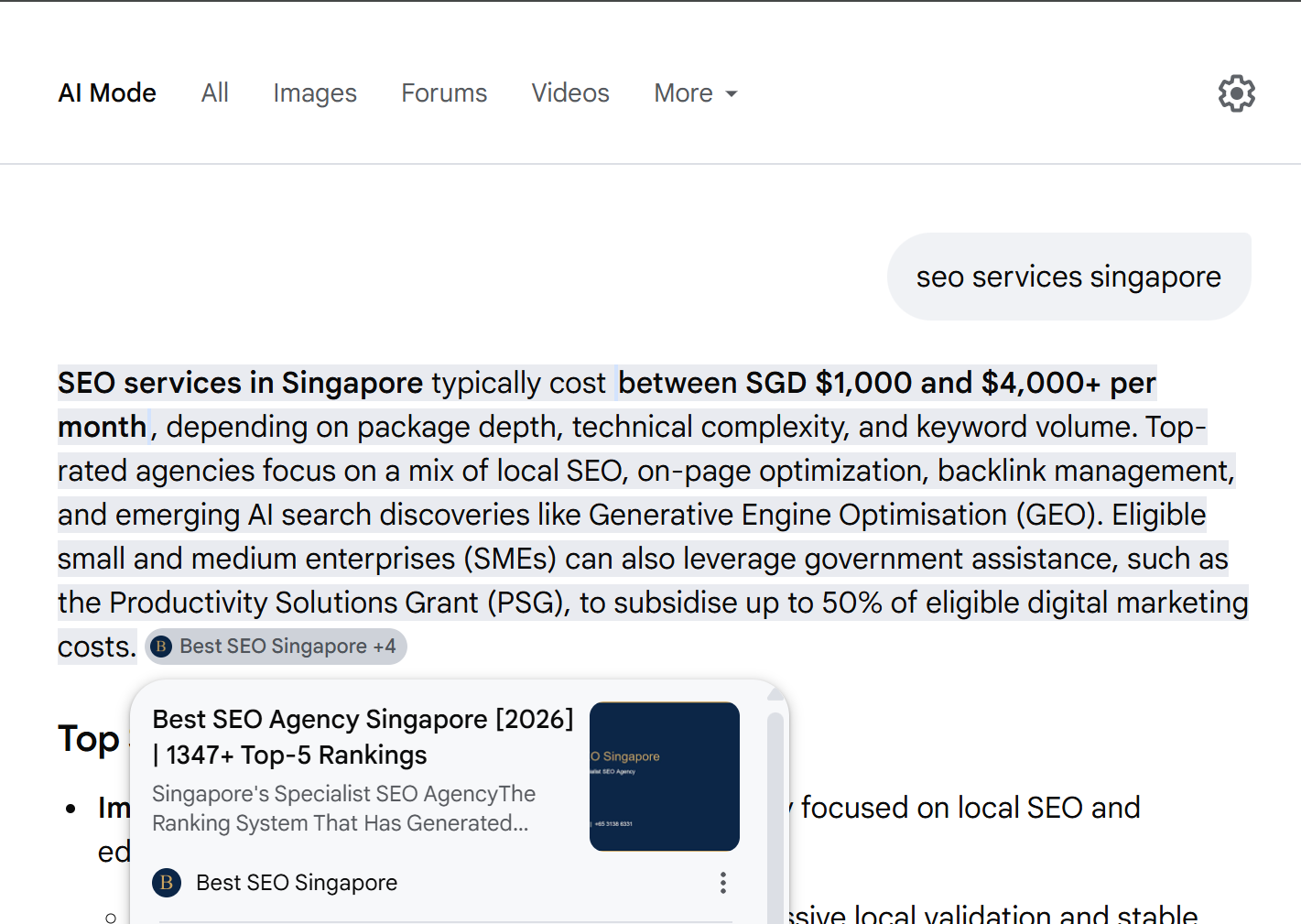 bestseo.sg cited in Google AI Overview answer for 'seo services singapore'