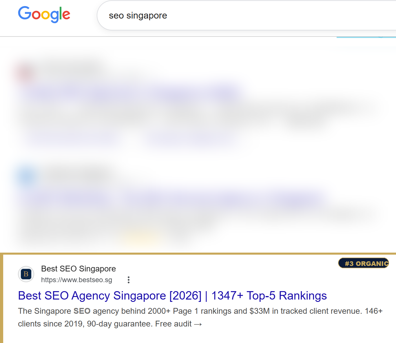 bestseo.sg ranked #3 on Google for 'seo singapore' with competitor results blurred